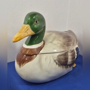 Vintage Handpainted Otagiri Mallard Duck Covered Serving Dish 12"